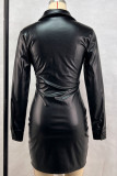 Black Daily Solid Color Buckle Patchwork Turndown Collar Dresses