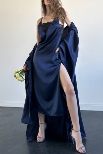 Blue Sexy Solid Color Slit Sleepwear