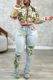 Apricot Casual Letters Embroidered Turndown Collar Outerwear