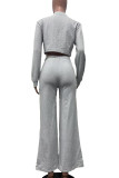 Grey Casual Patchwork Contrast O Neck Long Sleeve Two Pieces