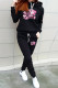 Black Casual Print Draw String Pocket Patchwork Hooded Long Sleeve Two Pieces