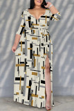White Green Daily Elegant Geometric Print Lace Up Contrast V Neck Printed Plus Size Dresses