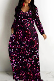 Deep Pink Casual Print Patchwork O Neck Long Dresses
