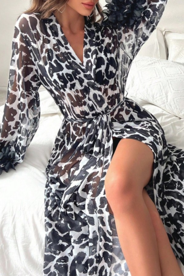 White Sexy Leopard Print Lace Up Patchwork Sleepwear