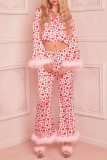 Pink Casual Sweet Geometric Print Feathers Valentines Day Sleepwear