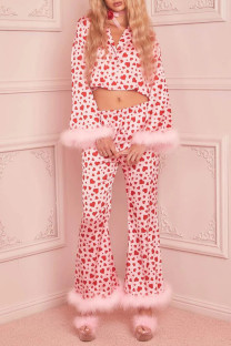 Pink Casual Sweet Geometric Print Feathers Valentines Day Sleepwear