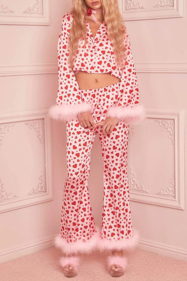 Pink Casual Sweet Geometric Print Feathers Valentines Day Sleepwear