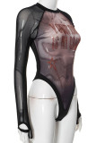 Black Sexy Patchwork See-Through Hot Drill O Neck Skinny Bodysuits