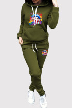 Green Casual Print Draw String Pocket Patchwork Hooded Long Sleeve Two Pieces