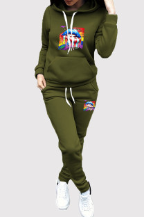 Green Casual Print Draw String Pocket Patchwork Hooded Long Sleeve Two Pieces