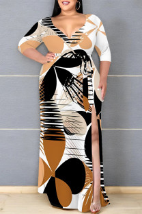 Orange Daily Elegant Geometric Print Lace Up Contrast V Neck Printed Plus Size Dresses