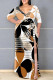 Orange Daily Elegant Geometric Print Lace Up Contrast V Neck Printed Plus Size Dresses