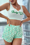 Blue Sexy Vintage Plaid Letter Print Draw String Contrast Sleepwear