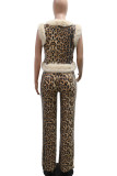 Apricot Casual Leopard Print Patchwork Fluffy Deep V Neck Two Pieces