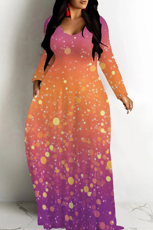 Purple Orange Casual Print Patchwork O Neck Long Dresses