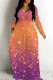 Purple Orange Casual Print Patchwork O Neck Long Dresses