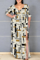 Beige Daily Elegant Geometric Print Lace Up Contrast V Neck Printed Plus Size Dresses