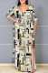 Beige Daily Elegant Geometric Print Lace Up Contrast V Neck Printed Plus Size Dresses