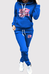 Blue Casual Print Draw String Pocket Patchwork Hooded Long Sleeve Two Pieces