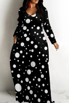 Black Casual Print Patchwork O Neck Long Dresses