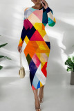 Blue White Casual Print Patchwork O Neck Wrapped Skirt Dresses