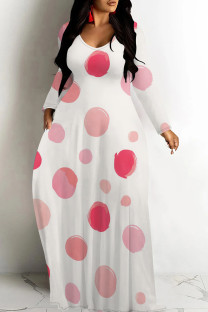 White Casual Print Patchwork O Neck Long Dresses