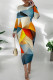 Multicolor Casual Print Patchwork O Neck Wrapped Skirt Dresses