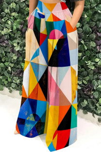 Colour Casual Print Pocket Patchwork Loose High Waist Wide Leg Full Print Bottoms