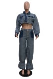 Blue Casual Patchwork Buttons Contrast Turndown Collar Long Sleeve Two Pieces