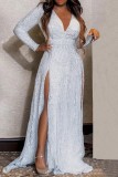 White Sexy Formal Elegant Solid Color Sequins Slit Deep V Neck Long Dresses