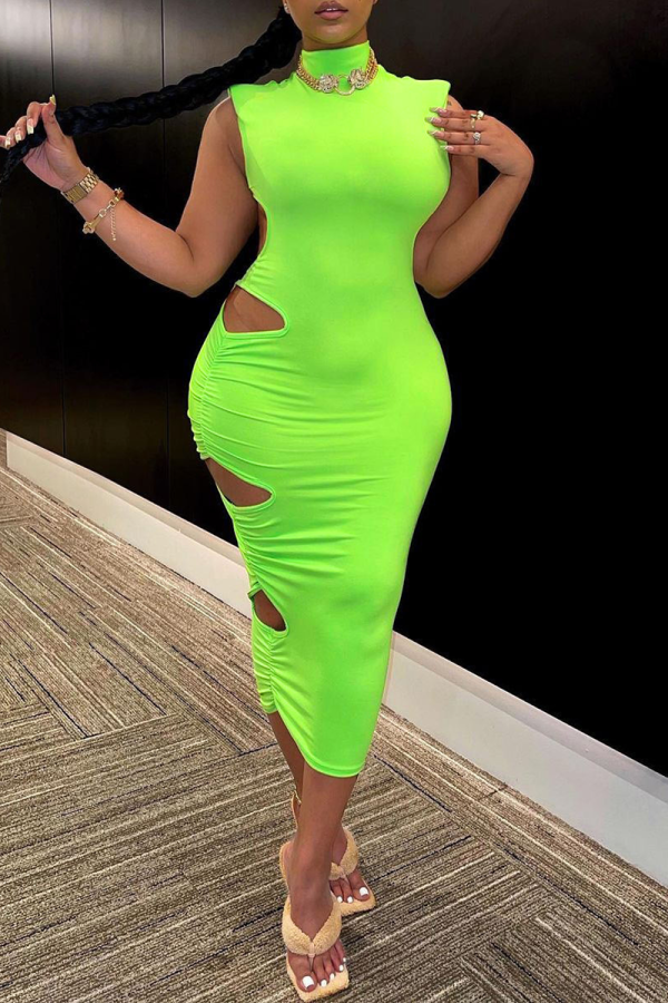 Green Sexy Solid Hollowed Out Half A Turtleneck Pencil Skirt Dresses