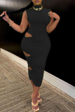 Green Sexy Solid Hollowed Out Half A Turtleneck Pencil Skirt Dresses