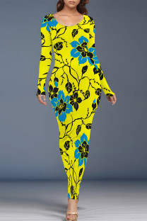 Yellow Casual Street Floral Print Contrast O Neck Printed Dresses