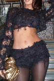 Black Sexy Solid Color Patchwork Mesh O Neck Long Sleeve Two Pieces