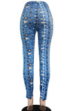 Blue Casual Print Patchwork Skinny Mid Waist Pencil Full Print Bottoms
