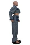 Blue Casual Patchwork Buttons Contrast Turndown Collar Long Sleeve Two Pieces