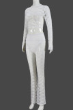White Sexy Solid Color Patchwork See-Through O Neck Long Sleeve Two Pieces