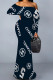 Navy Blue Sexy Letter Print Ruffle Off Shoulder One Step Skirt Dresses