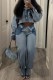 Blue Casual Patchwork Buttons Contrast Turndown Collar Long Sleeve Two Pieces