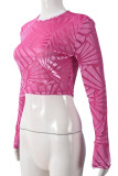 Rose Red Casual Patchwork O Neck Tops