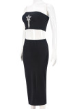 Black Sexy Patchwork Backless Hot Drill Strapless Two Pieces