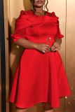 Red Party Elegant Solid Color Patchwork O Neck A Line Plus Size Dresses