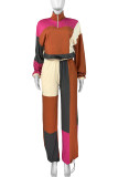Rose Red Casual Draw String Patchwork Zipper Contrast Zipper Collar Long Sleeve Two Pieces