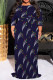 Navy Blue Casual Street Geometric Print Lace Up Contrast Scarf Collar Printed Plus Size Dresses