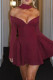 Burgundy Sexy Solid Color Patchwork Backless Off Shoulder A Line Dresses