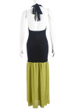 Black Elegant Hollow Out Patchwork Contrast Deep V Neck Long Dresses