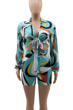 Green Casual Print Pocket Patchwork Strap Design Cardigan Collar Long Sleeve Two Pieces