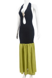 Black Elegant Hollow Out Patchwork Contrast Deep V Neck Long Dresses