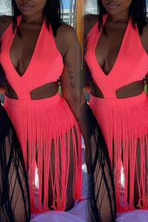 Red Sexy Solid Color Hollow Out Patchwork Swimwears
