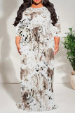 Blue Casual Street Geometric Print Lace Up Contrast Scarf Collar Printed Plus Size Dresses